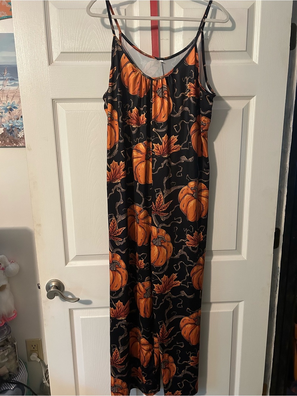 Women's Pumpkin-Print Spaghetti Strap Jumpsuit - Orange on Black